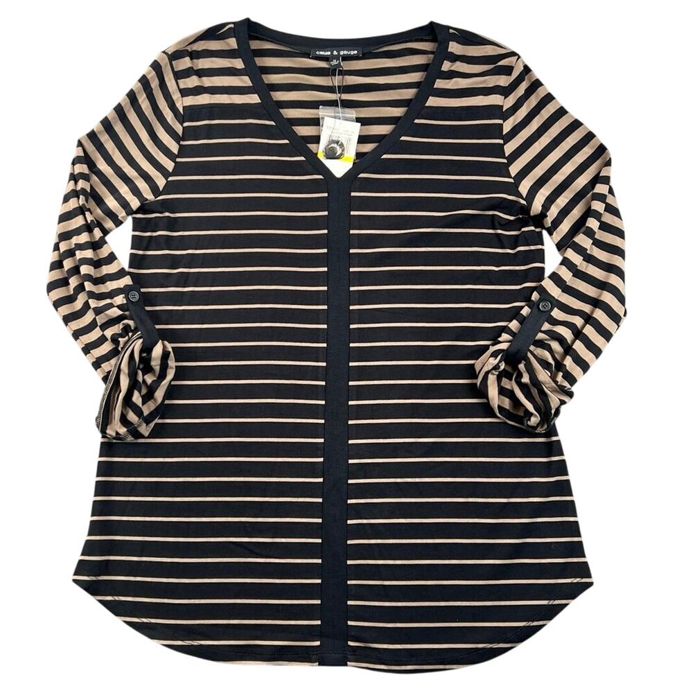 NWT Cable & Gauge Tunic Top Striped V-Neck Roll Tab Sleeve Black Tan - M